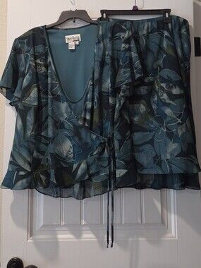 Sheri Martin Teal Floral Wrap Skirt Set